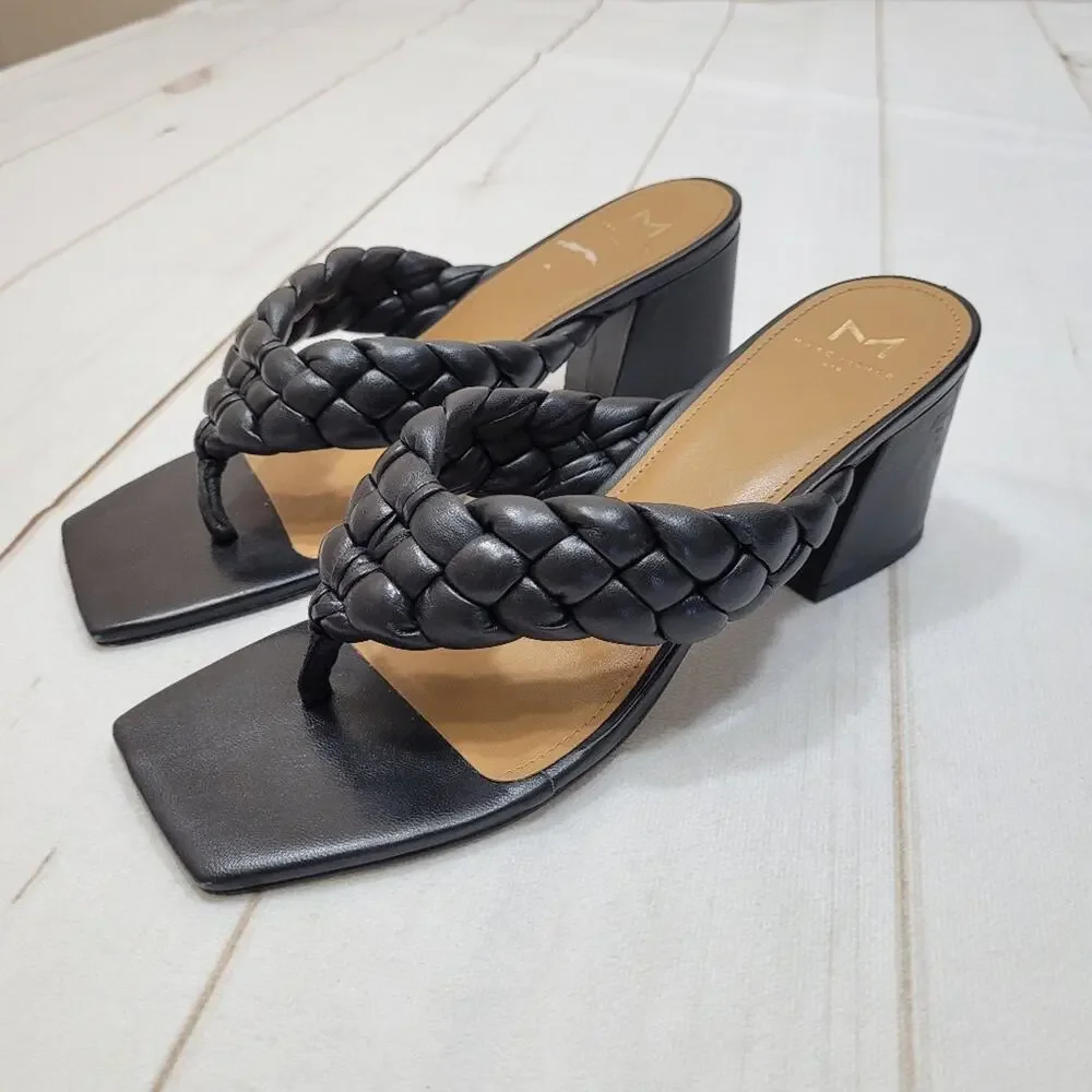 Marc Fisher Norsa braided leather black sandals block heel shoes Flip flop